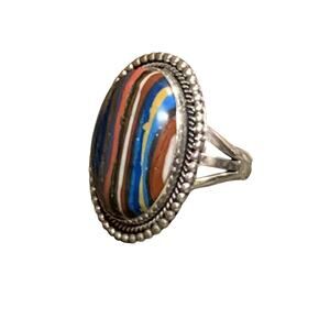 Running Bear Sterling Silver and Rainbow Calsilica Oval Shape Ring Size 8